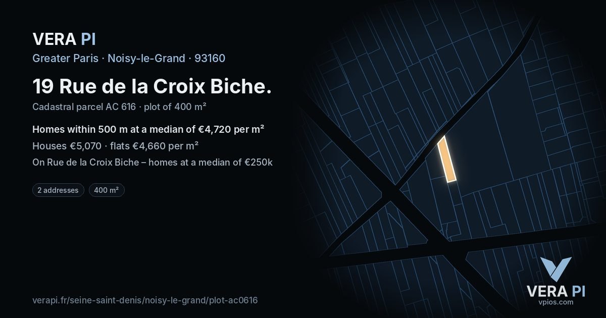 19 Rue de la Croix Biche, Noisy-le-Grand at night – the plot lit, the parcels around coloured by the prices near them
