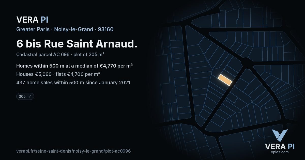 6 bis Rue Saint Arnaud, Noisy-le-Grand at night – the plot lit, the parcels around coloured by the prices near them