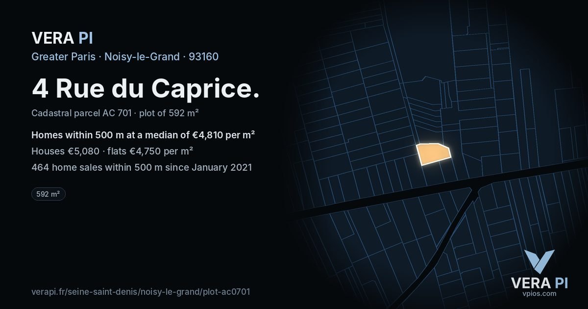 4 Rue du Caprice, Noisy-le-Grand at night – the plot lit, the parcels around coloured by the prices near them
