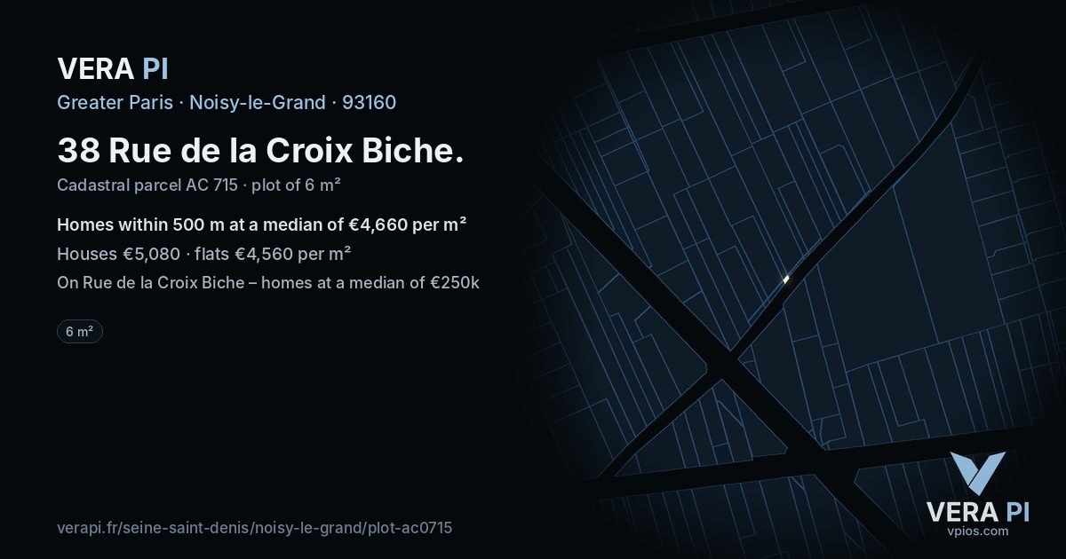38 Rue de la Croix Biche, Noisy-le-Grand at night – the plot lit, the parcels around coloured by the prices near them