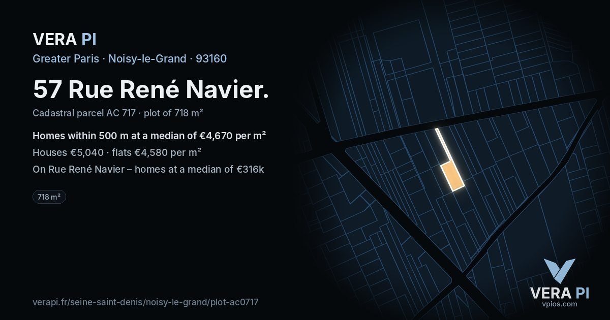 57 Rue René Navier, Noisy-le-Grand at night – the plot lit, the parcels around coloured by the prices near them