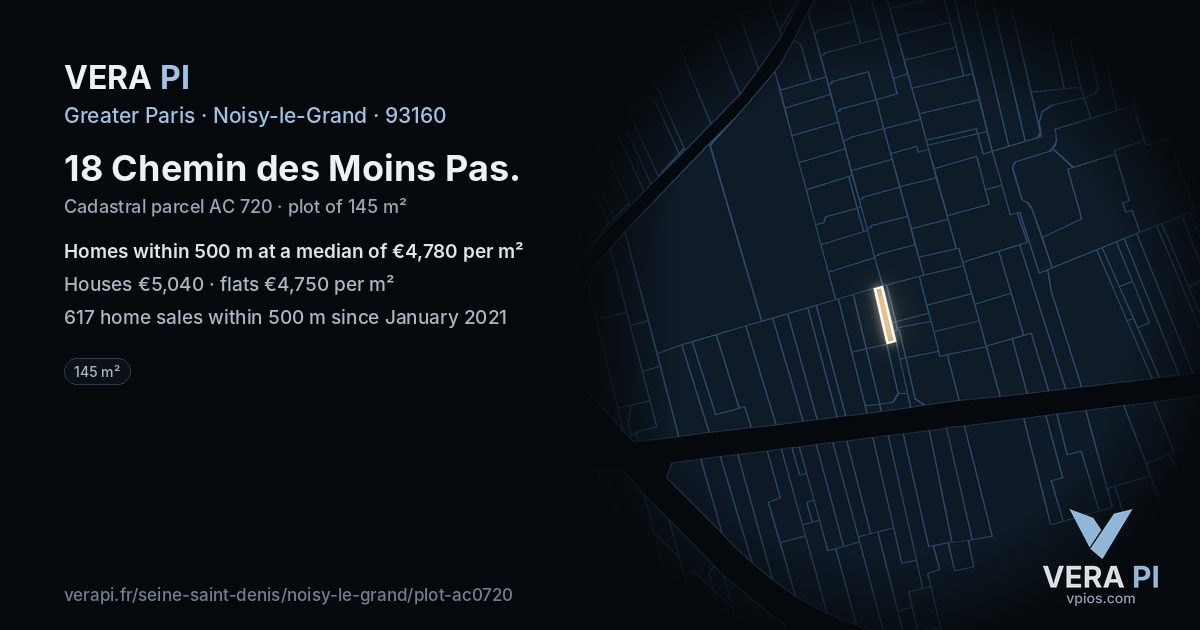 18 Chemin des Moins Pas, Noisy-le-Grand at night – the plot lit, the parcels around coloured by the prices near them