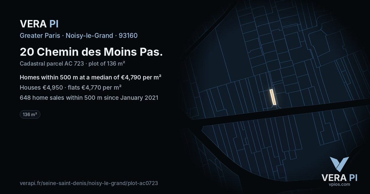 20 Chemin des Moins Pas, Noisy-le-Grand at night – the plot lit, the parcels around coloured by the prices near them