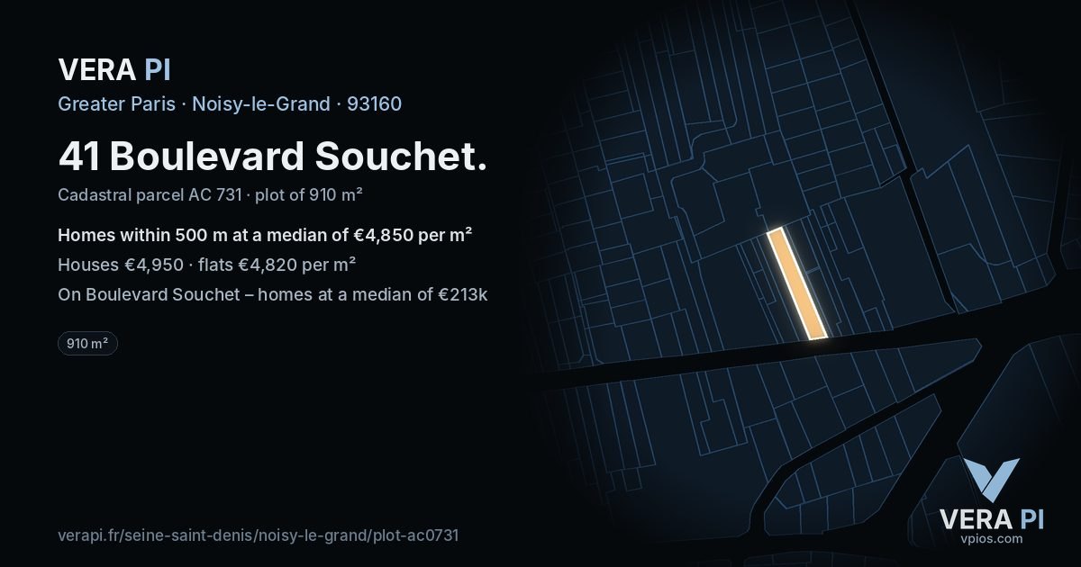 41 Boulevard Souchet, Noisy-le-Grand at night – the plot lit, the parcels around coloured by the prices near them