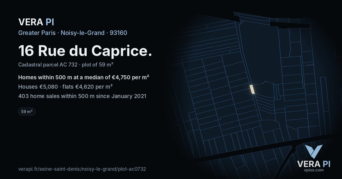 16 Rue du Caprice, Noisy-le-Grand at night – the plot lit, the parcels around coloured by the prices near them