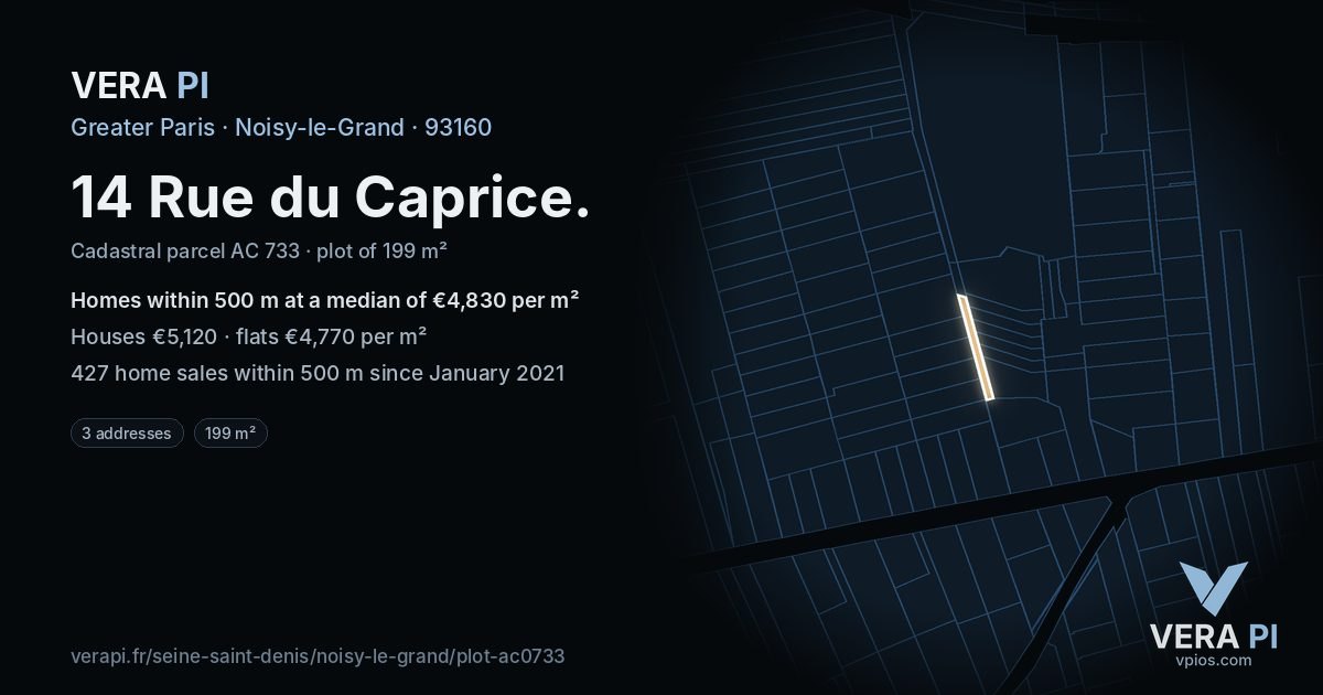 14 Rue du Caprice, Noisy-le-Grand at night – the plot lit, the parcels around coloured by the prices near them