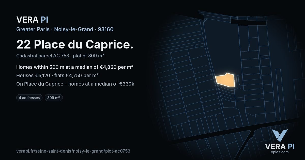 22 Place du Caprice, Noisy-le-Grand at night – the plot lit, the parcels around coloured by the prices near them