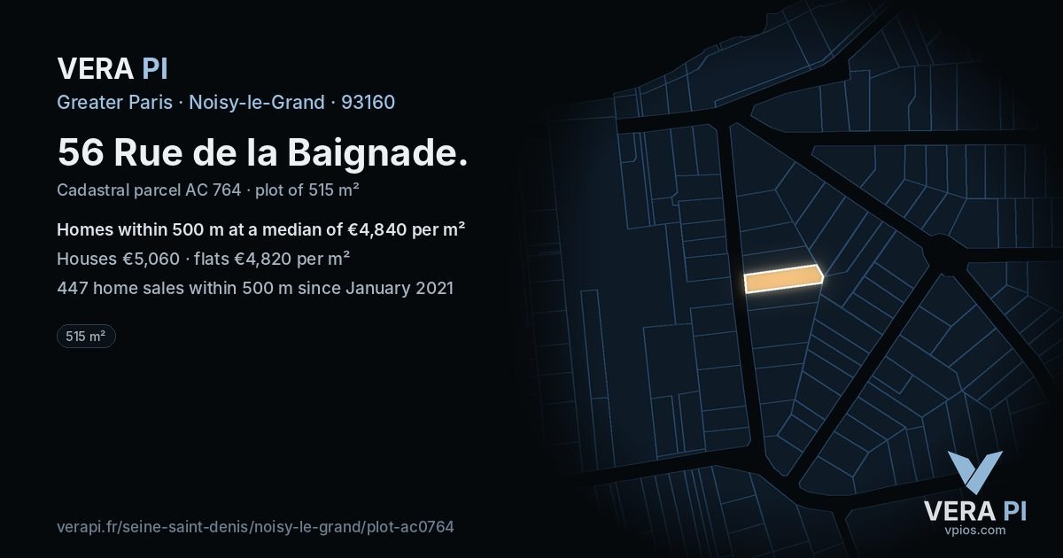 56 Rue de la Baignade, Noisy-le-Grand at night – the plot lit, the parcels around coloured by the prices near them