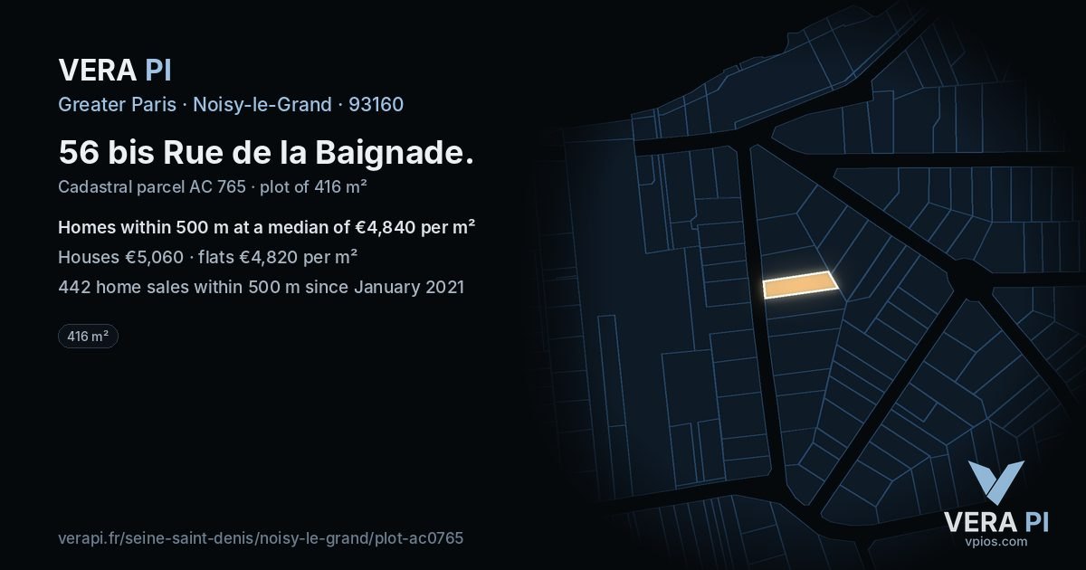 56 bis Rue de la Baignade, Noisy-le-Grand at night – the plot lit, the parcels around coloured by the prices near them
