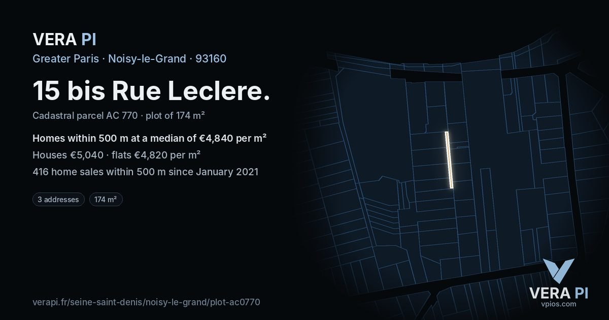 15 bis Rue Leclere, Noisy-le-Grand at night – the plot lit, the parcels around coloured by the prices near them