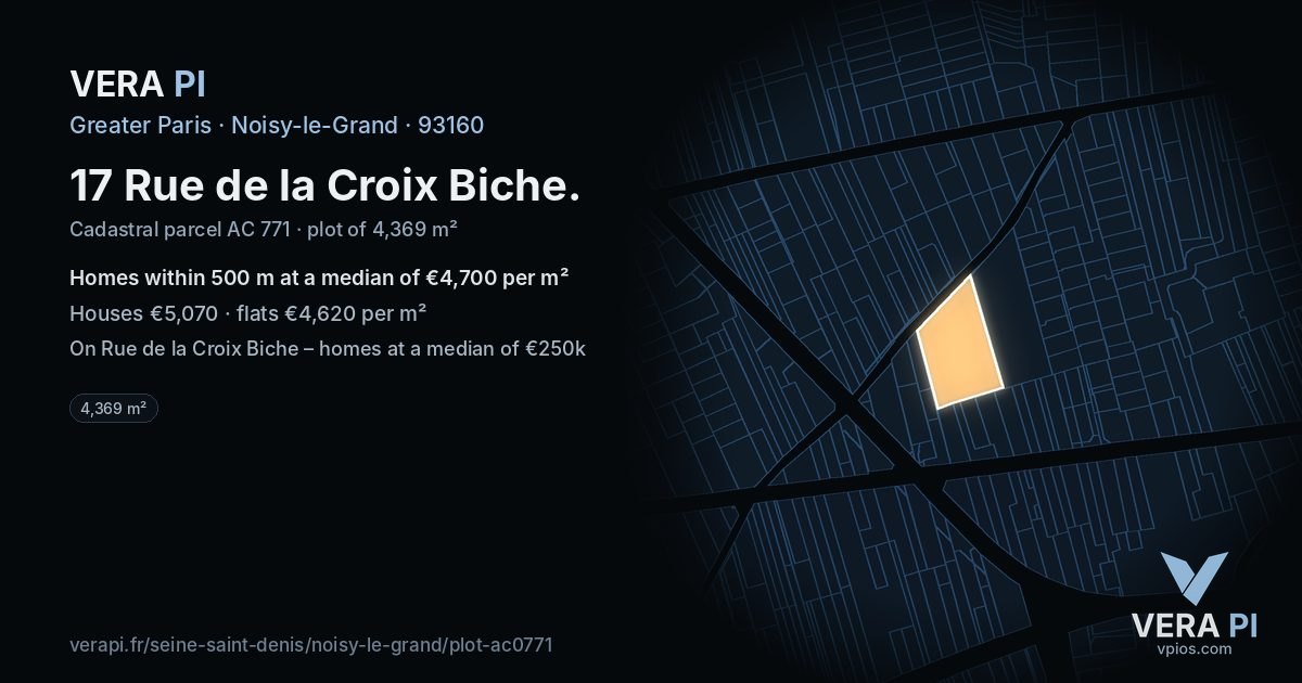 17 Rue de la Croix Biche, Noisy-le-Grand at night – the plot lit, the parcels around coloured by the prices near them
