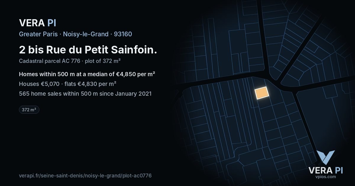 2 bis Rue du Petit Sainfoin, Noisy-le-Grand at night – the plot lit, the parcels around coloured by the prices near them
