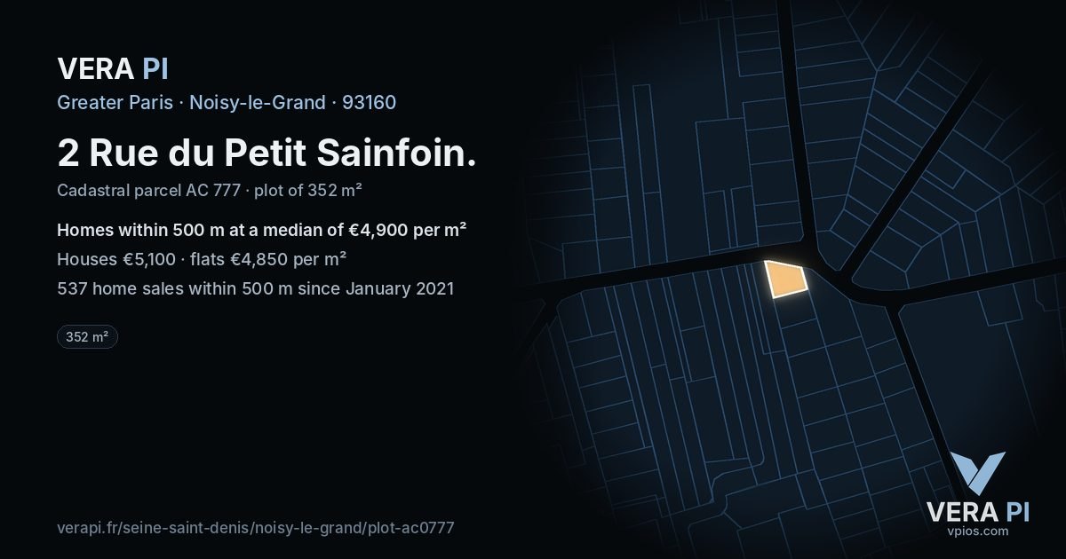 2 Rue du Petit Sainfoin, Noisy-le-Grand at night – the plot lit, the parcels around coloured by the prices near them