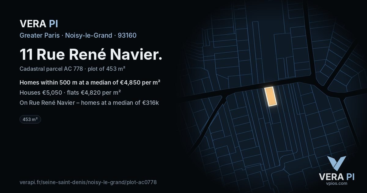 11 Rue René Navier, Noisy-le-Grand at night – the plot lit, the parcels around coloured by the prices near them