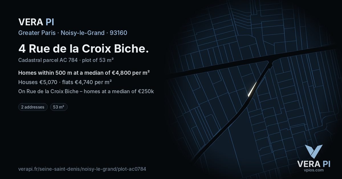 4 Rue de la Croix Biche, Noisy-le-Grand at night – the plot lit, the parcels around coloured by the prices near them