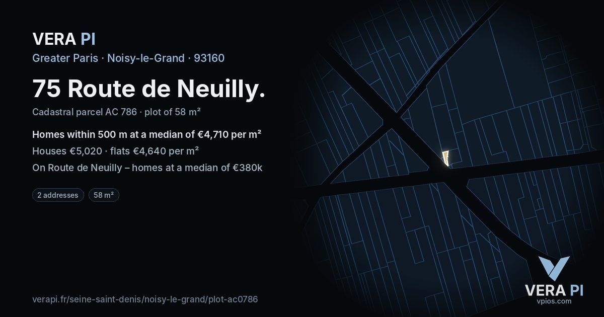 75 Route de Neuilly, Noisy-le-Grand at night – the plot lit, the parcels around coloured by the prices near them