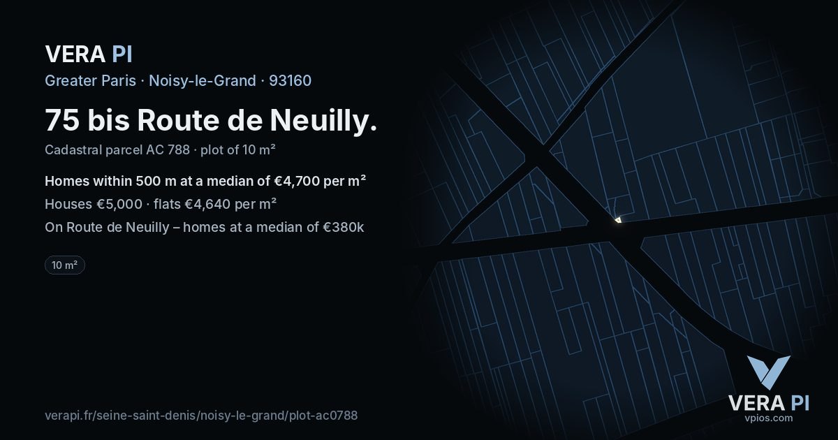 75 bis Route de Neuilly, Noisy-le-Grand at night – the plot lit, the parcels around coloured by the prices near them