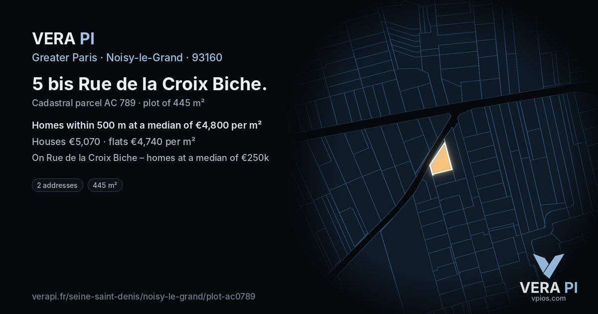 5 bis Rue de la Croix Biche, Noisy-le-Grand at night – the plot lit, the parcels around coloured by the prices near them