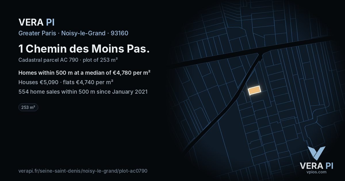 1 Chemin des Moins Pas, Noisy-le-Grand at night – the plot lit, the parcels around coloured by the prices near them