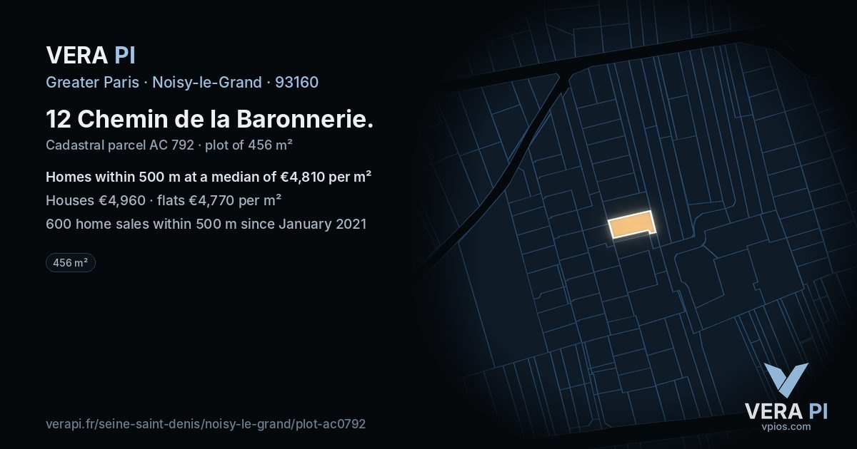 12 Chemin de la Baronnerie, Noisy-le-Grand at night – the plot lit, the parcels around coloured by the prices near them