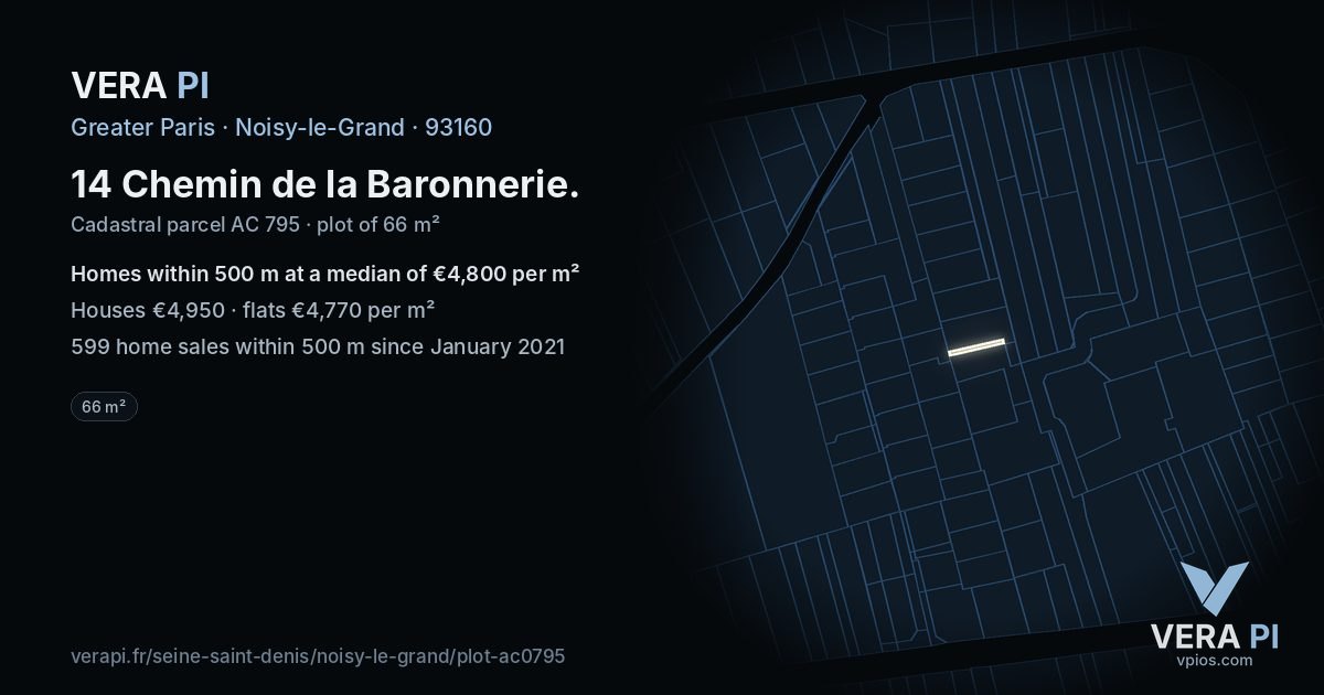 14 Chemin de la Baronnerie, Noisy-le-Grand at night – the plot lit, the parcels around coloured by the prices near them