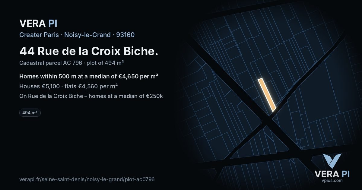 44 Rue de la Croix Biche, Noisy-le-Grand at night – the plot lit, the parcels around coloured by the prices near them