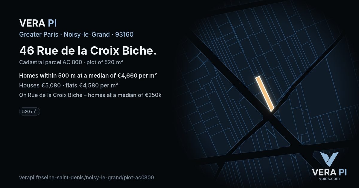 46 Rue de la Croix Biche, Noisy-le-Grand at night – the plot lit, the parcels around coloured by the prices near them