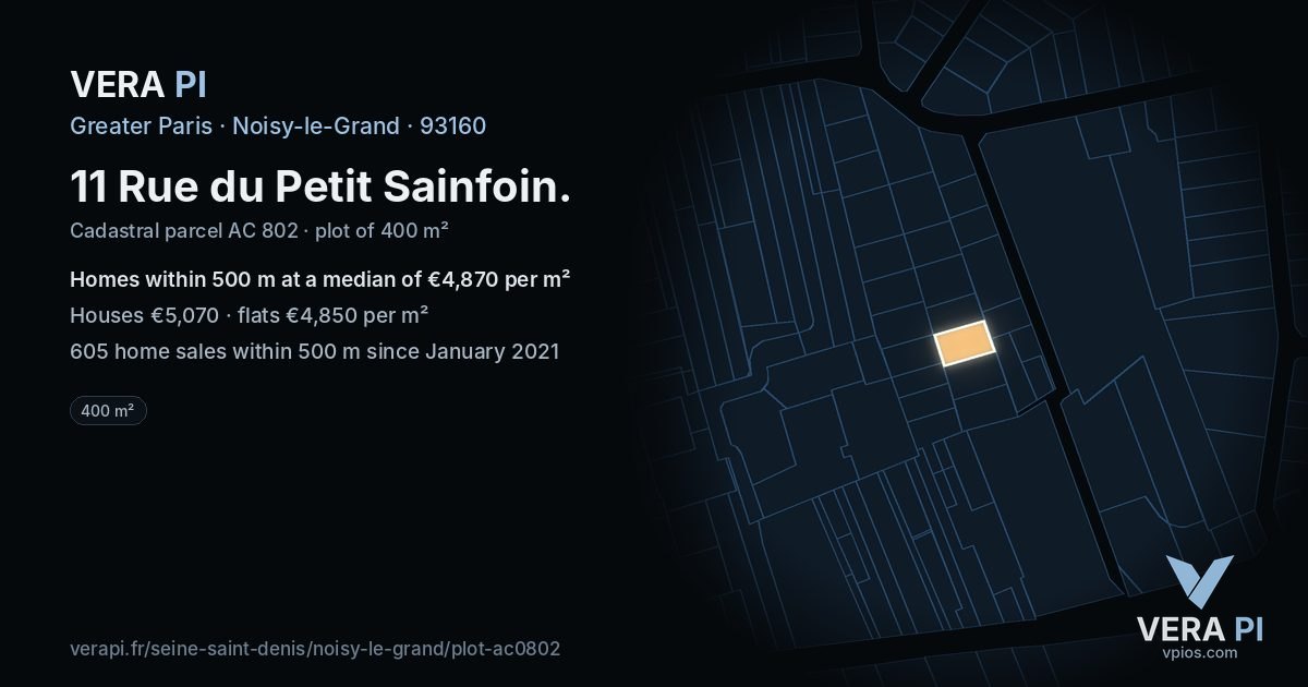 11 Rue du Petit Sainfoin, Noisy-le-Grand at night – the plot lit, the parcels around coloured by the prices near them