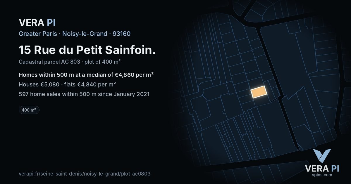 15 Rue du Petit Sainfoin, Noisy-le-Grand at night – the plot lit, the parcels around coloured by the prices near them