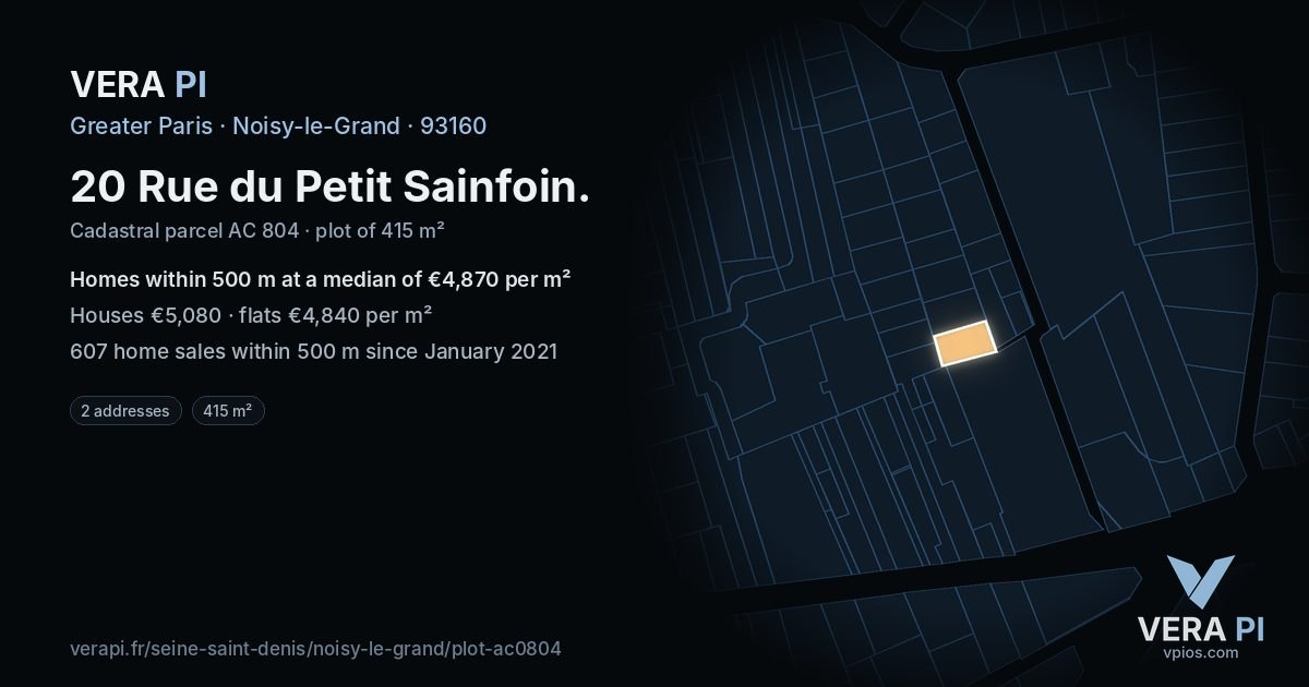 20 Rue du Petit Sainfoin, Noisy-le-Grand at night – the plot lit, the parcels around coloured by the prices near them