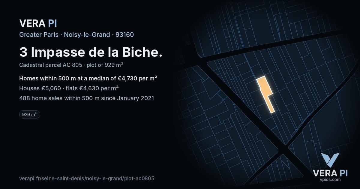 3 Impasse de la Biche, Noisy-le-Grand at night – the plot lit, the parcels around coloured by the prices near them