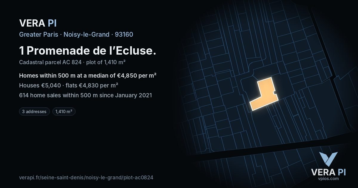 1 Promenade de l’Ecluse, Noisy-le-Grand at night – the plot lit, the parcels around coloured by the prices near them