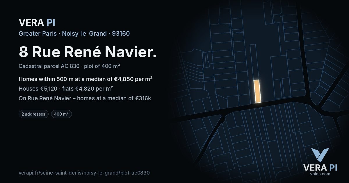 8 Rue René Navier, Noisy-le-Grand at night – the plot lit, the parcels around coloured by the prices near them
