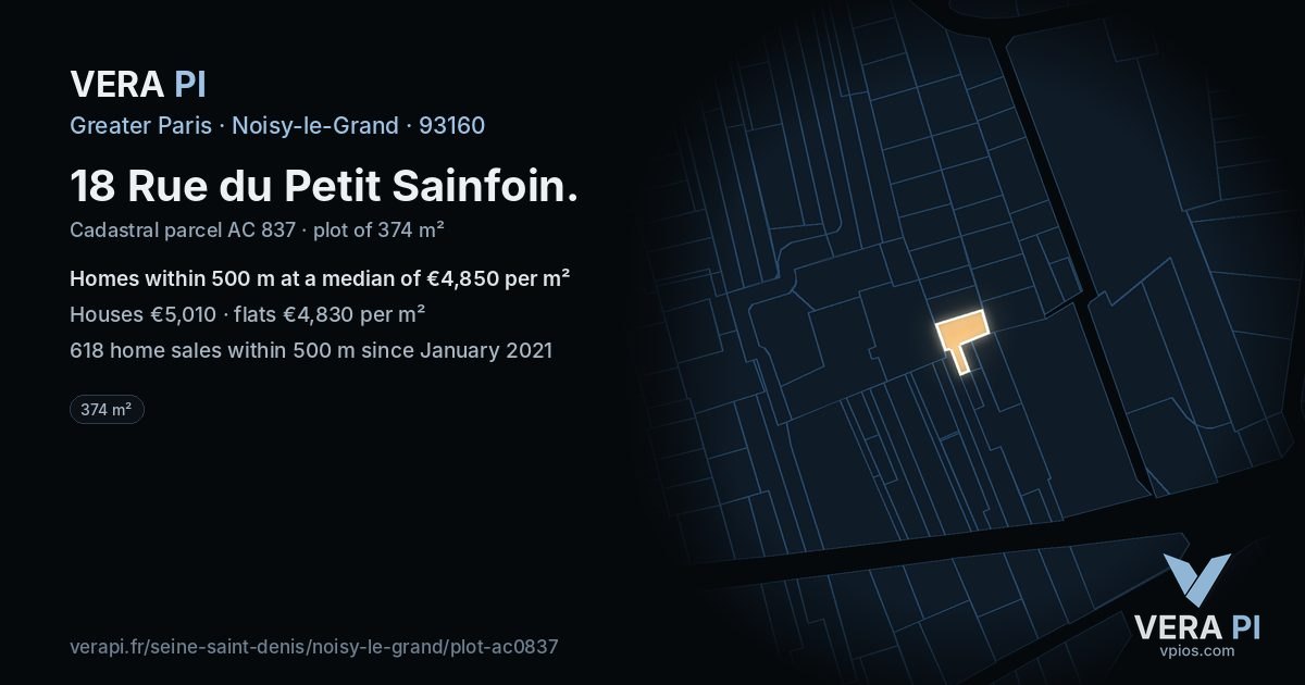 18 Rue du Petit Sainfoin, Noisy-le-Grand at night – the plot lit, the parcels around coloured by the prices near them