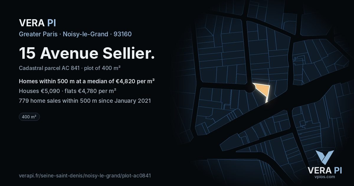15 Avenue Sellier, Noisy-le-Grand at night – the plot lit, the parcels around coloured by the prices near them