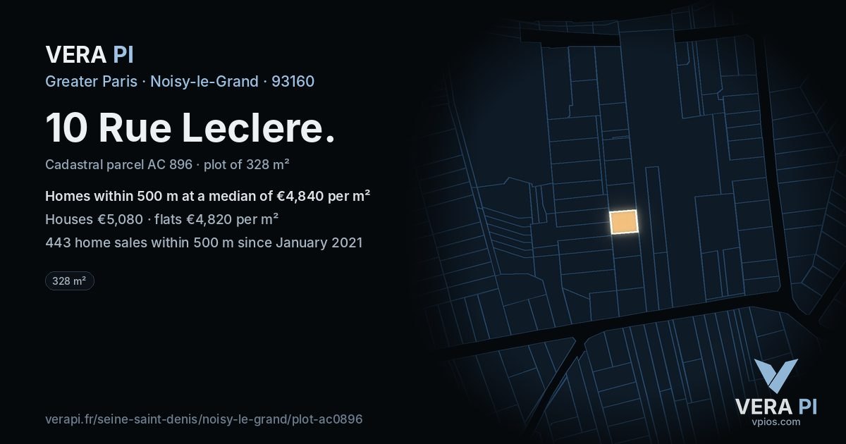 10 Rue Leclere, Noisy-le-Grand at night – the plot lit, the parcels around coloured by the prices near them