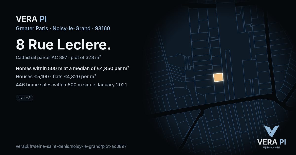 8 Rue Leclere, Noisy-le-Grand at night – the plot lit, the parcels around coloured by the prices near them