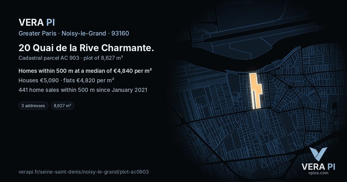 20 Quai de la Rive Charmante, Noisy-le-Grand at night – the plot lit, the parcels around coloured by the prices near them