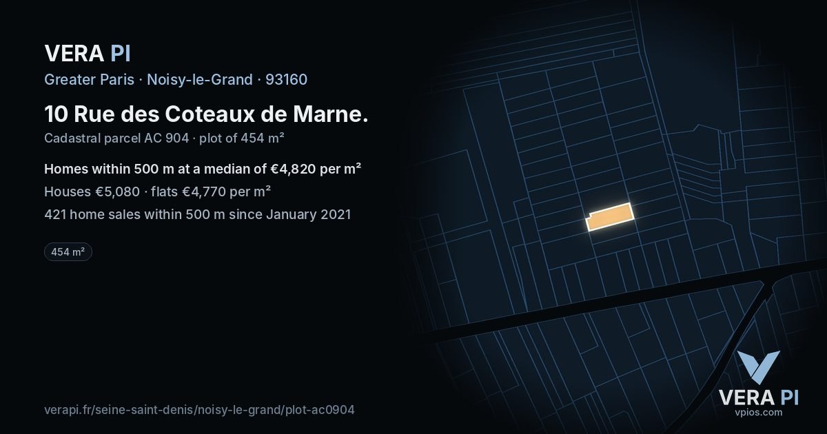 10 Rue des Coteaux de Marne, Noisy-le-Grand at night – the plot lit, the parcels around coloured by the prices near them