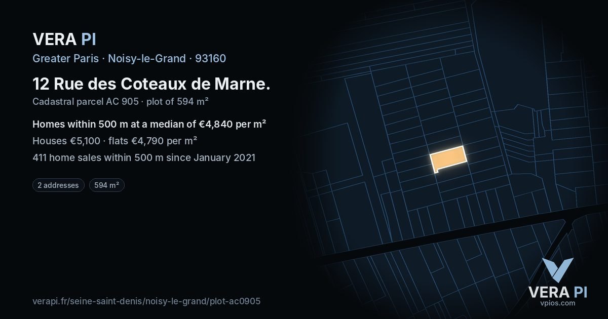 12 Rue des Coteaux de Marne, Noisy-le-Grand at night – the plot lit, the parcels around coloured by the prices near them