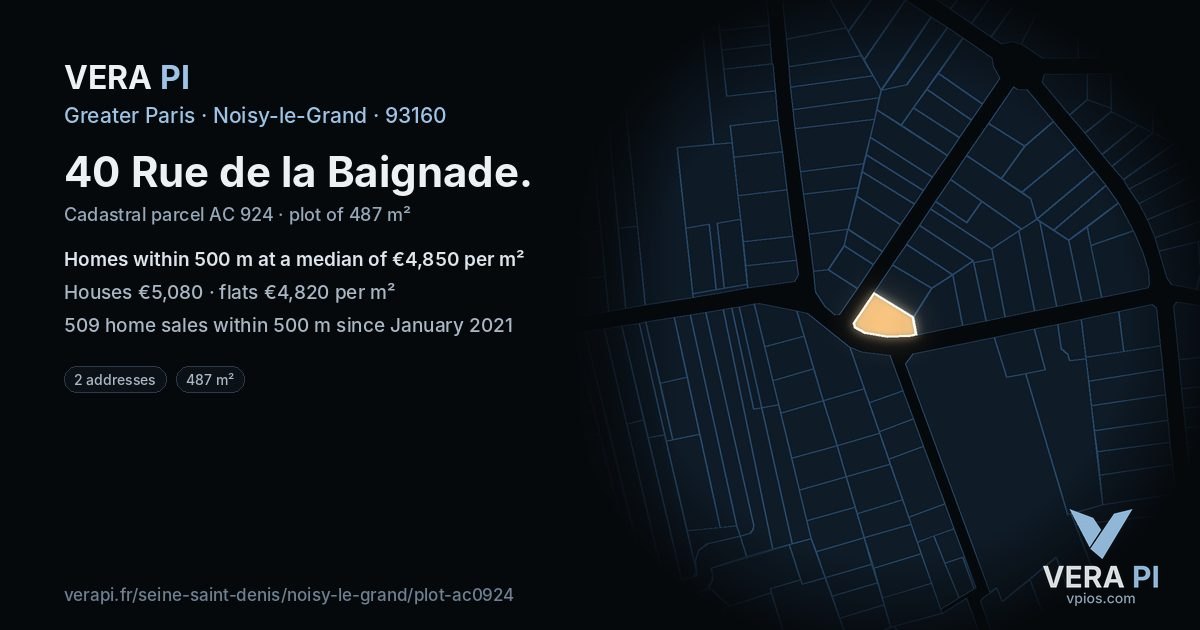 40 Rue de la Baignade, Noisy-le-Grand at night – the plot lit, the parcels around coloured by the prices near them