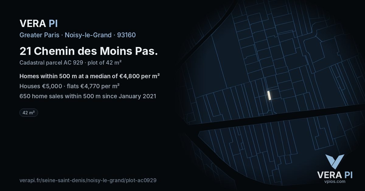 21 Chemin des Moins Pas, Noisy-le-Grand at night – the plot lit, the parcels around coloured by the prices near them