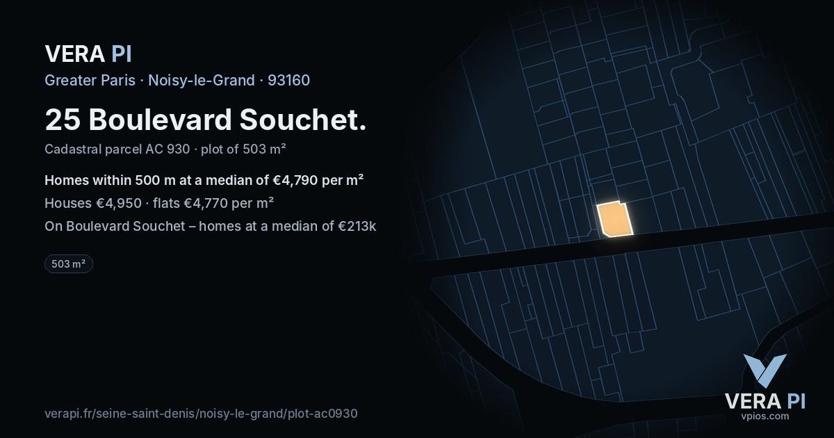 25 Boulevard Souchet, Noisy-le-Grand at night – the plot lit, the parcels around coloured by the prices near them