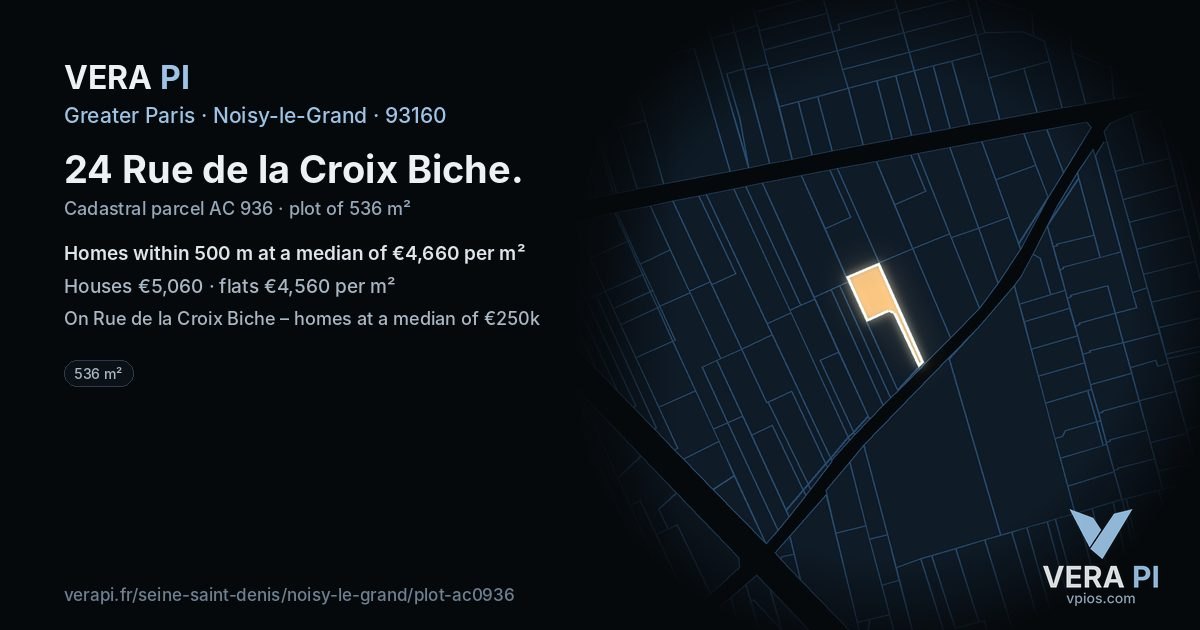 24 Rue de la Croix Biche, Noisy-le-Grand at night – the plot lit, the parcels around coloured by the prices near them
