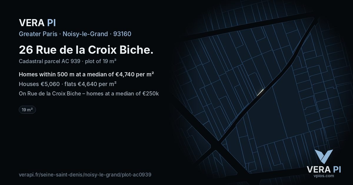 26 Rue de la Croix Biche, Noisy-le-Grand at night – the plot lit, the parcels around coloured by the prices near them