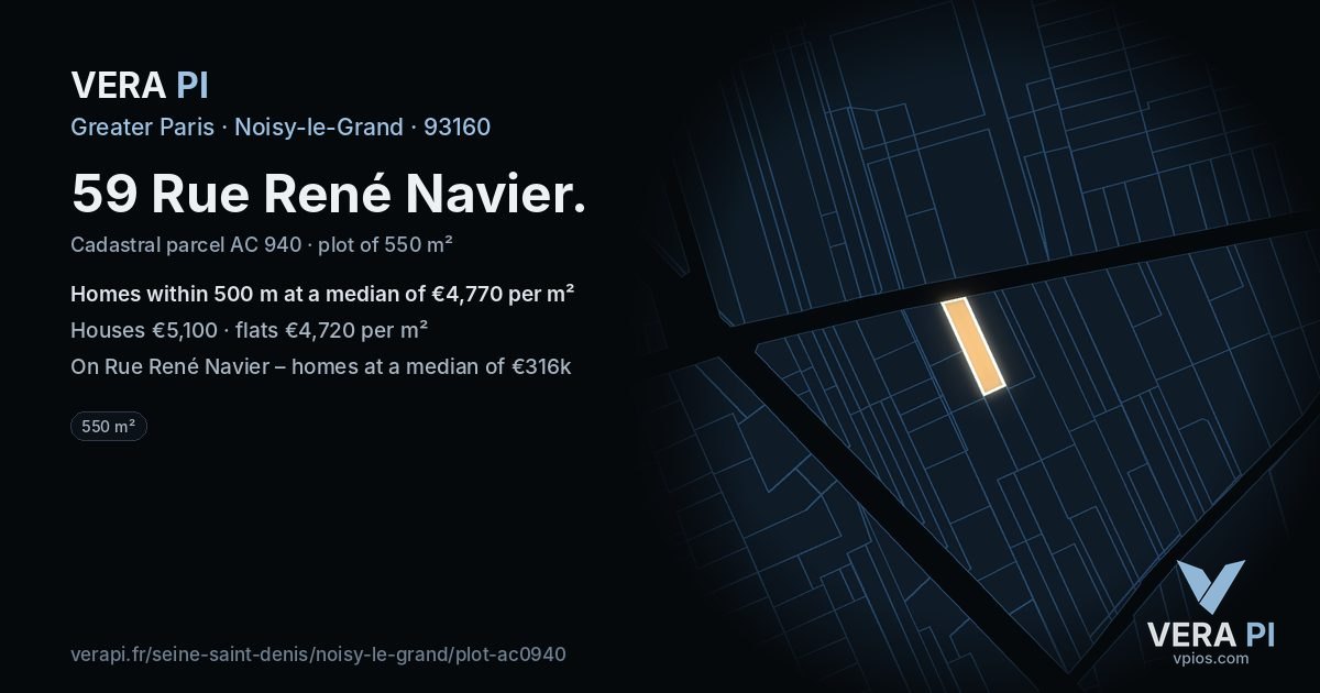 59 Rue René Navier, Noisy-le-Grand at night – the plot lit, the parcels around coloured by the prices near them