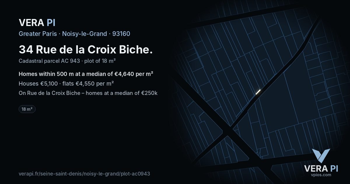 34 Rue de la Croix Biche, Noisy-le-Grand at night – the plot lit, the parcels around coloured by the prices near them