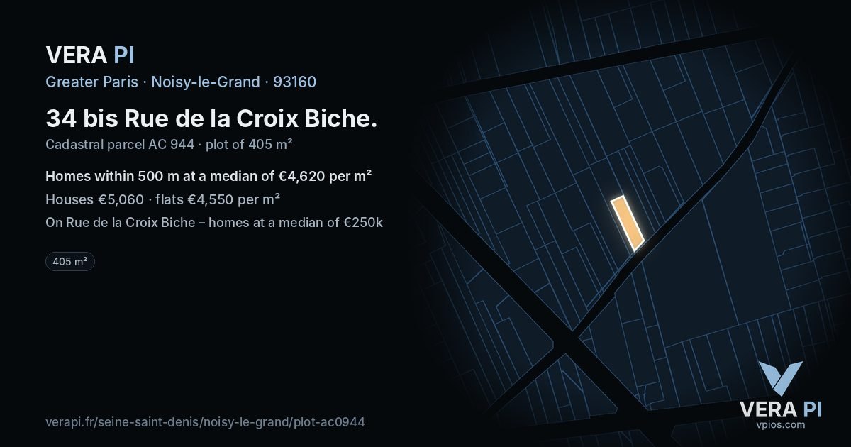 34 bis Rue de la Croix Biche, Noisy-le-Grand at night – the plot lit, the parcels around coloured by the prices near them