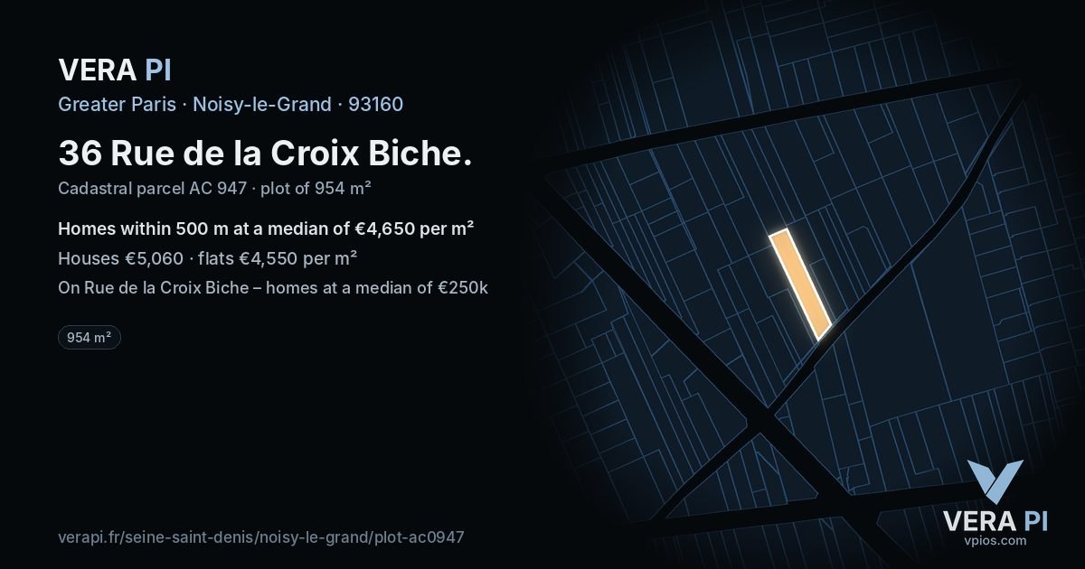 36 Rue de la Croix Biche, Noisy-le-Grand at night – the plot lit, the parcels around coloured by the prices near them