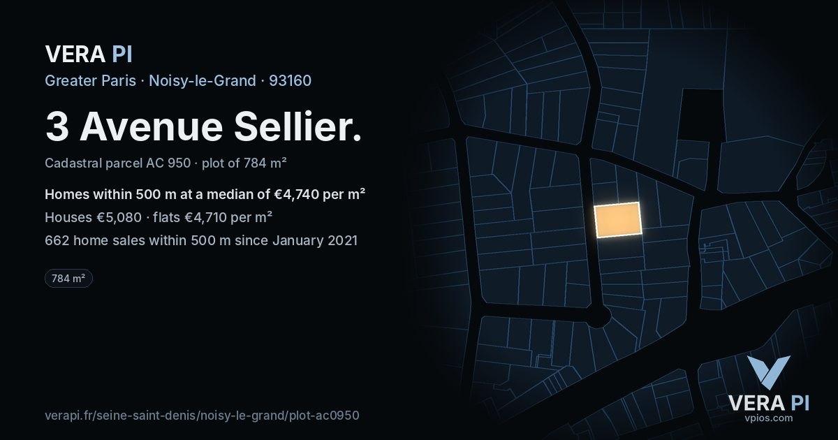 3 Avenue Sellier, Noisy-le-Grand at night – the plot lit, the parcels around coloured by the prices near them